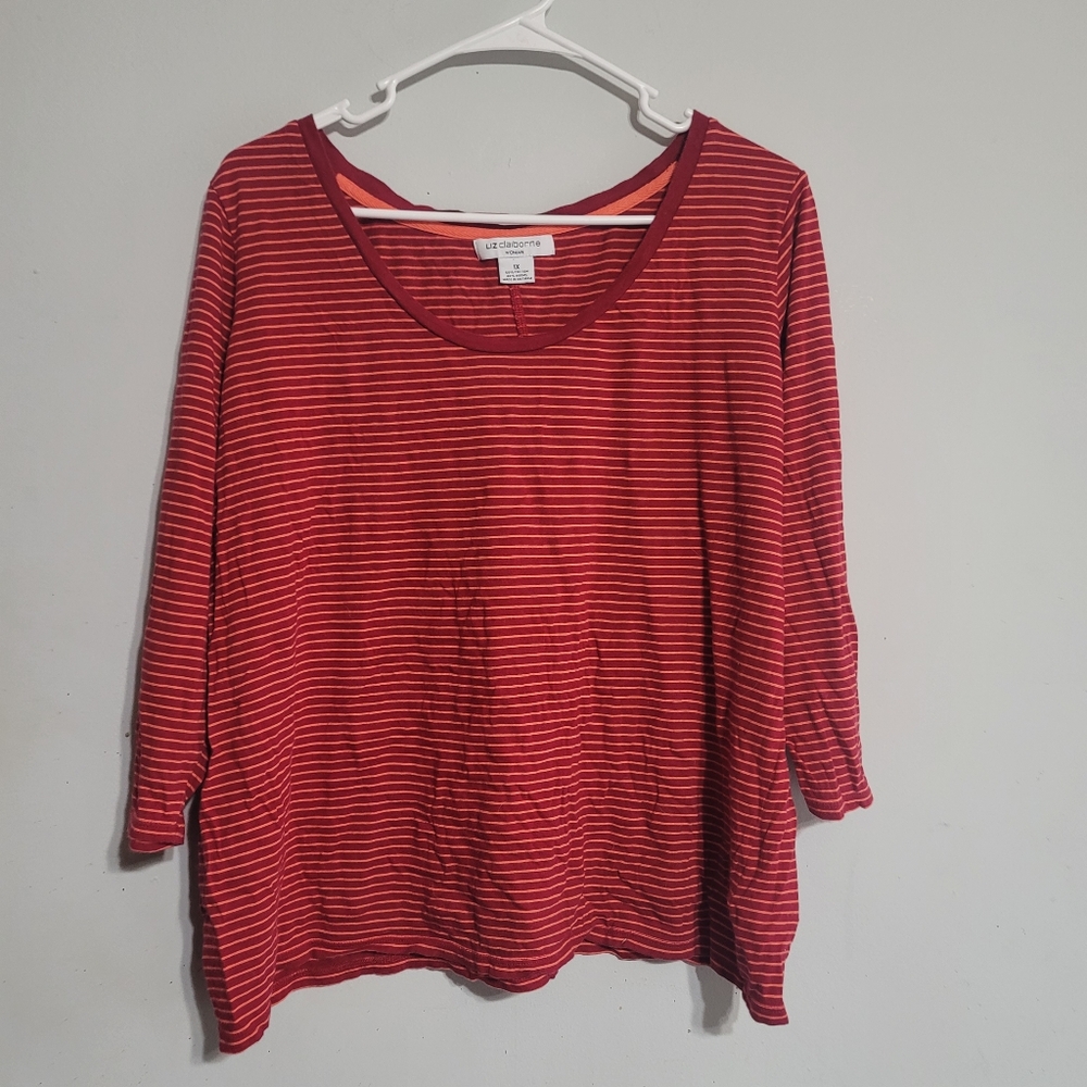 Liz Claiborne Knit Top Size‎ 1X 3/4 Sleeve Plus Sz Blouse Scoop Neck Burgundy